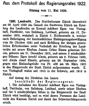 Bescheid zur Einbürgerung der Vietinghoffs in der Schweiz (1922)