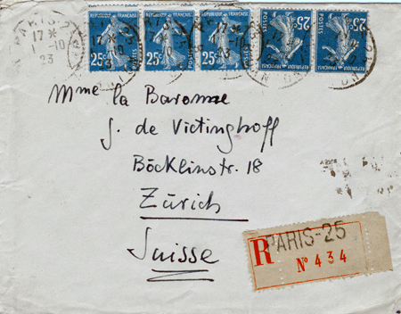 Briefumschlag abgeschickt in Paris, Egon an seine Mutter (1.10.1923)