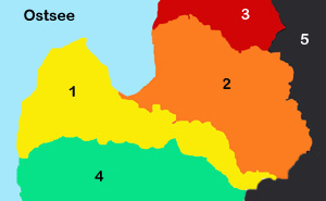 Baltikum im 19. Jh. bis 1918: 1 Kurland, 2+3 Livland, 4 Litauen, 5 Russland --- Später 1+2 Lettland, 3 Estland