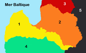 Région baltique: 1 Courlande, 2-3 Livonie (1+2 Lettonie), 4 Lituanie, 5 Russie