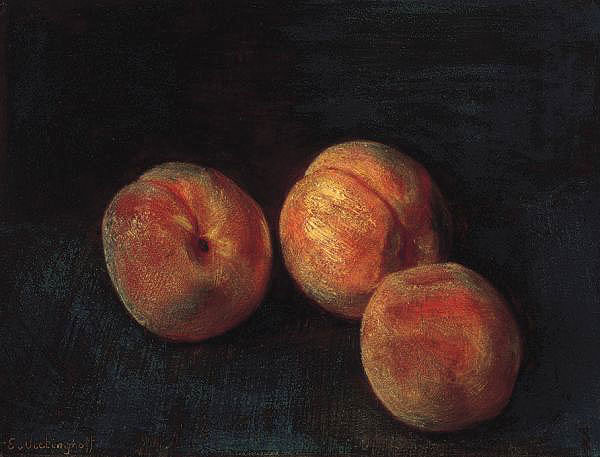 Drei Pfirsiche auf dunklem Grund