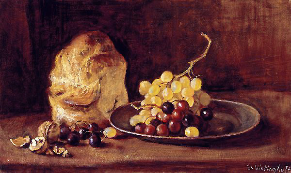 Brot und Trauben auf Zinnteller
