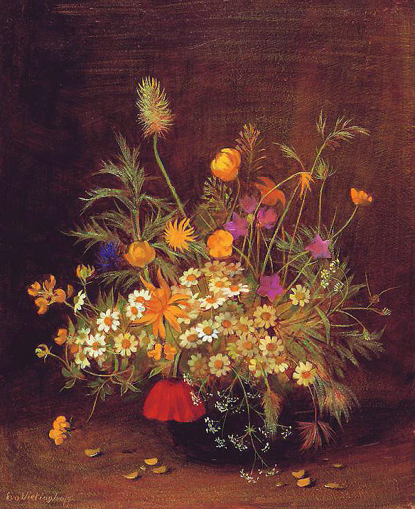 Strauss mit Kamillenblüten, Hahnenfuss, Mohn und Spitzwegerich