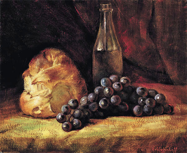 Brot und Trauben mit Flasche
