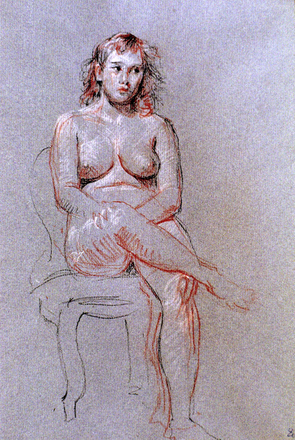 Auf Stuhl sitzender weiblicher Akt mit übergeschlagenem Bein 